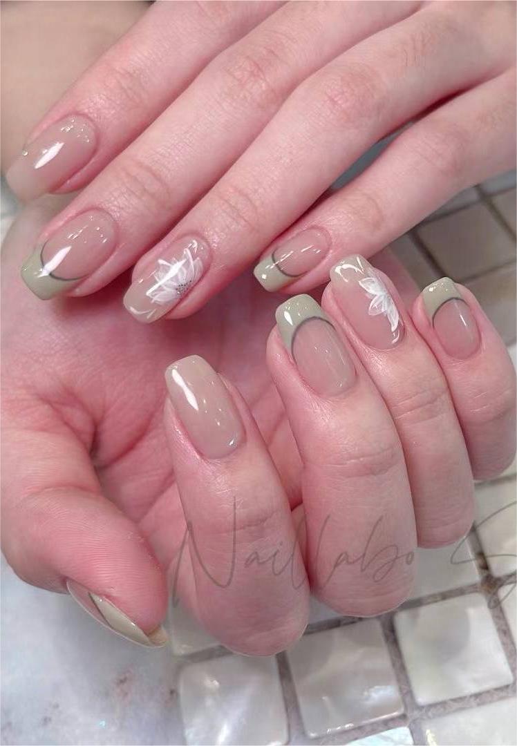 gel manicure with floral nail art, French tip manicure