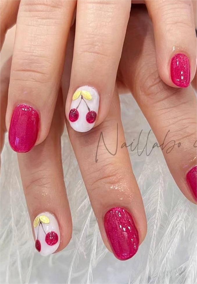 Gel manicure with cherry nail art